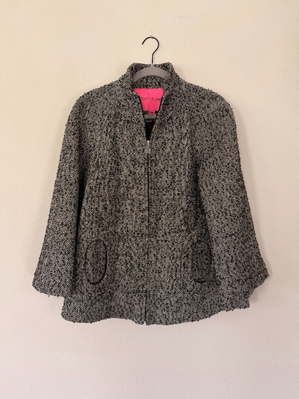 Vintage Betsey Johnson Black White Boucle Coat Rose Zip Sz S